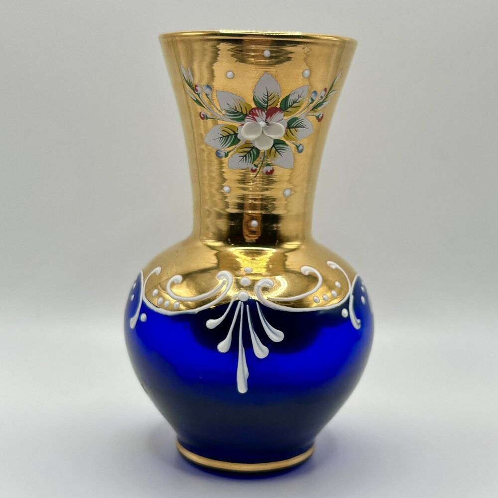 Vtg Venetian Murano Cobalt Blue Small Glass Vase Painted Flowers & Gold Italy 4”